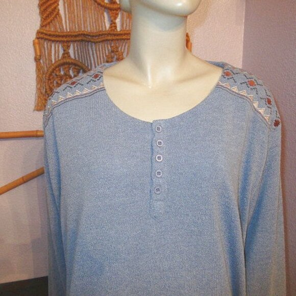 Outback Trading Waffle Knit Henley Sweater Top Size 3X Embroidered Western Aztec - Picture 2 of 14